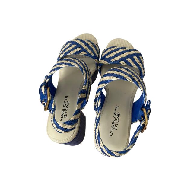 Charlotte Stone Woven Blue and Cream Heels - Picture 5 of 7